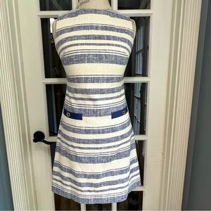 NWOT TOMMY HILFIGER Off White/Navy Sheath Midi Dress Concealed Back Zipper Sz 2